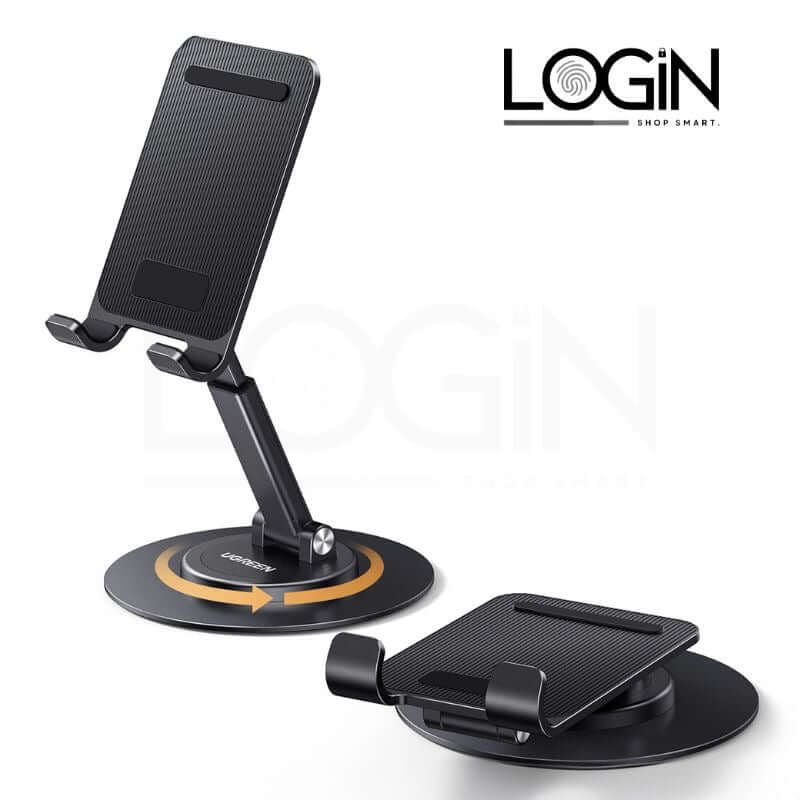360° rotating and folding phone holder with sleek design for adjustable viewing angles.