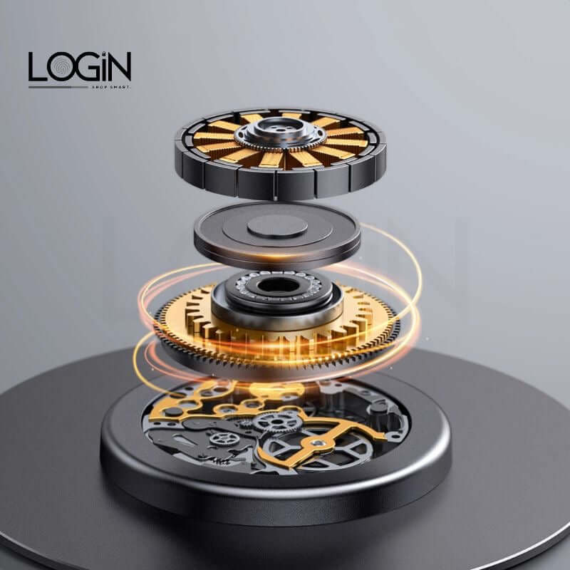 Exploded view of a high-tech rotating device with orange and black components, showcasing intricate inner mechanics.