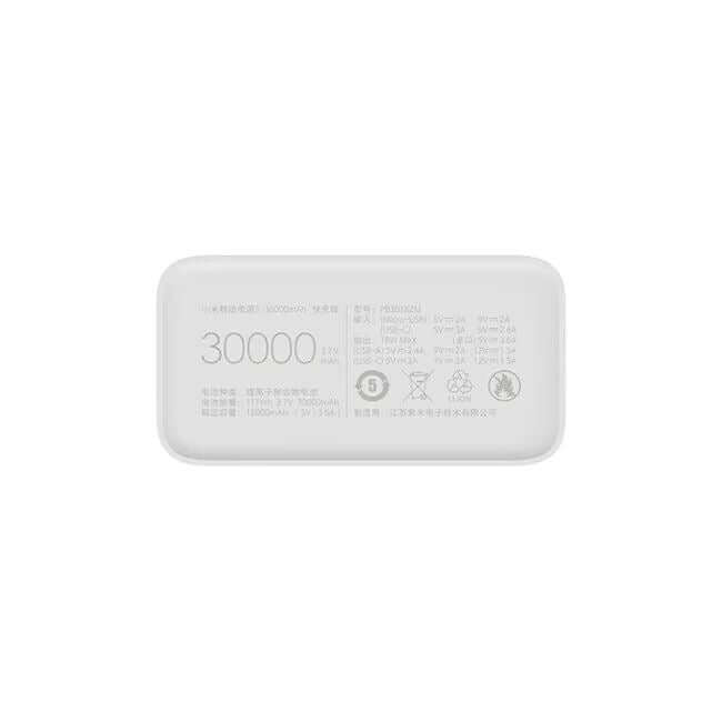 Xiaomi Power Bank 3 30000mAh portable charger specifications and details on white background.