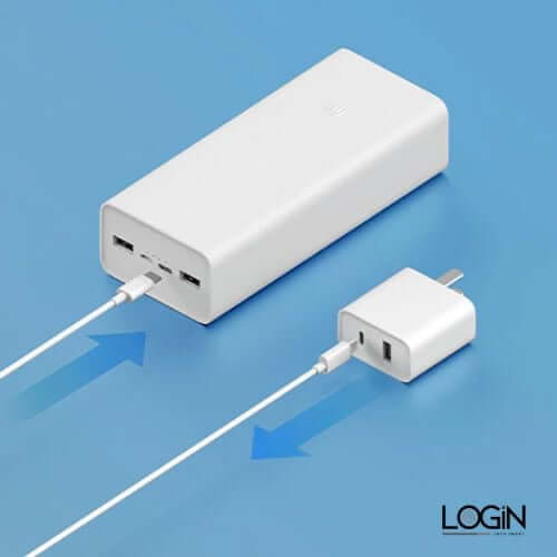 Xiaomi Power Bank 3 with USB Type-C and USB-A ports, showing fast charging capabilities on a blue background.