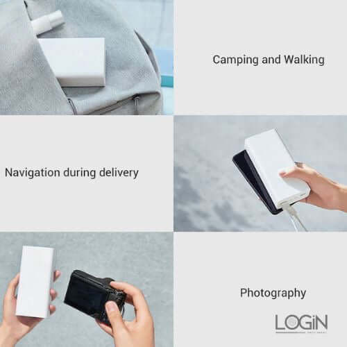 Xiaomi Power Bank 3 shown in various use cases: camping, navigation, and photography.