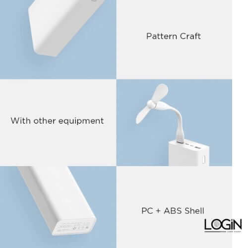 Xiaomi Power Bank 3 featuring PC + ABS shell design and pattern craft, showcased with a small fan and other equipment.