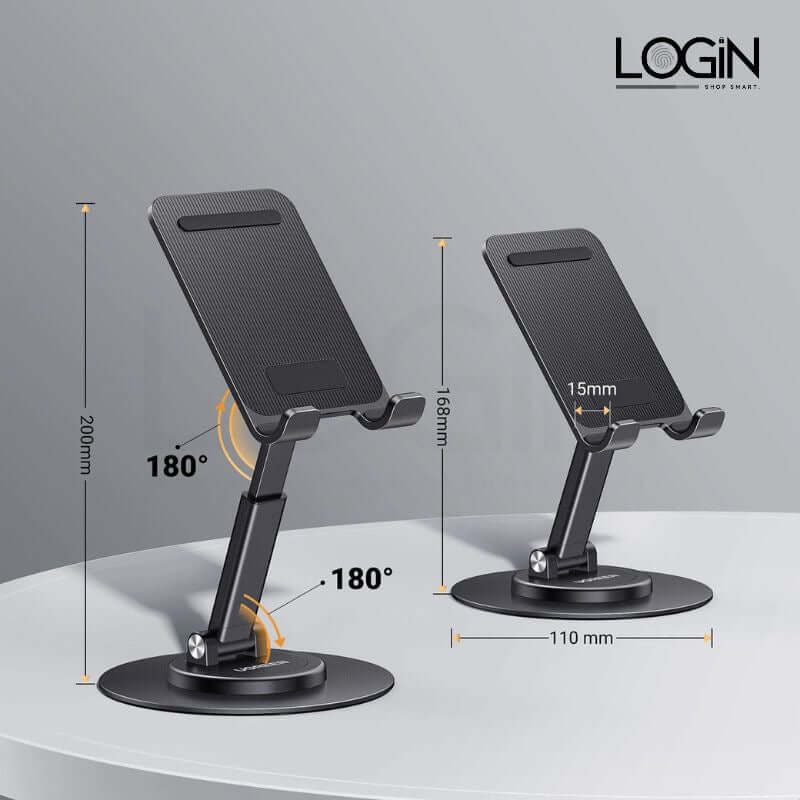 360° rotating, folding phone holder with adjustable angles for hands-free use on a sleek design table.