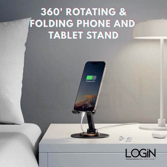 360° rotating and folding phone holder on bedside table, showcasing hands-free use and sleek design.