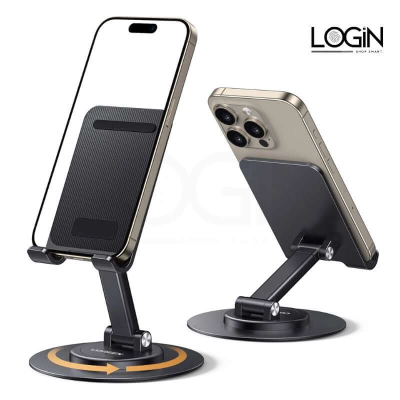 360° rotating, folding phone holder in sleek design for hands-free use, adjustable angles for optimal viewing.