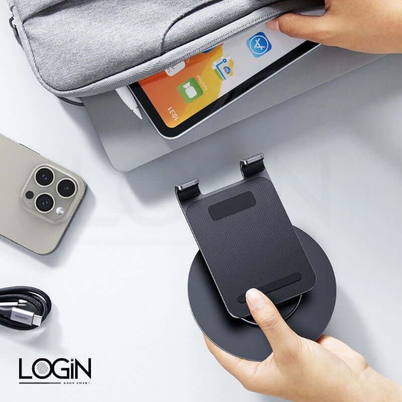 360° rotating folding phone holder with sleek design and adjustable angles, perfect for hands-free use.