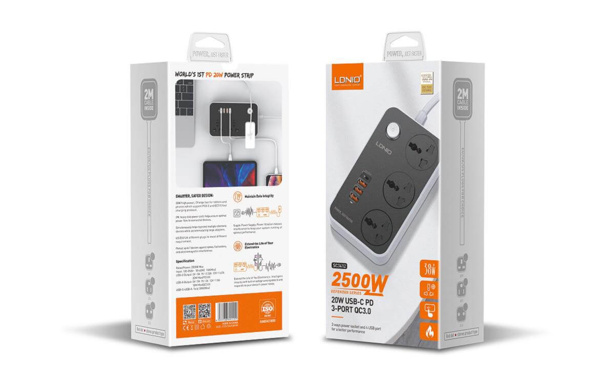 LDNIO SC3412 38W PD20W Power Strip with 3 Outlets & 3 USB QC 3.0 Ports Description: