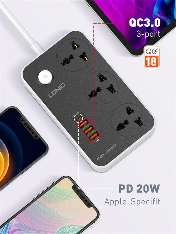 LDNIO SC3412 38W PD20W Power Strip with 3 Outlets & 3 USB QC 3.0 Ports Description: